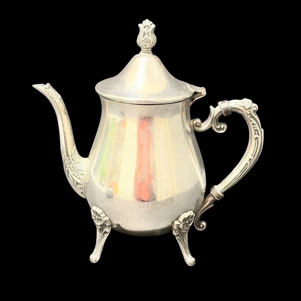 Vtg Leonard 9.5" Ornate Silverplate Footed Teapot Hinged Lid Floral Scrollwork